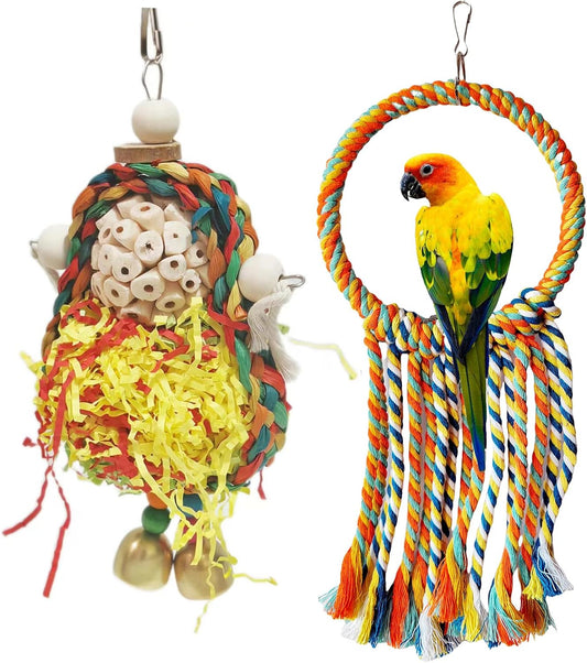 Bird Hoop Swing and Parakeet Toys,Natural Sola Balls and Shredding Hanging Toy,Birds Rope