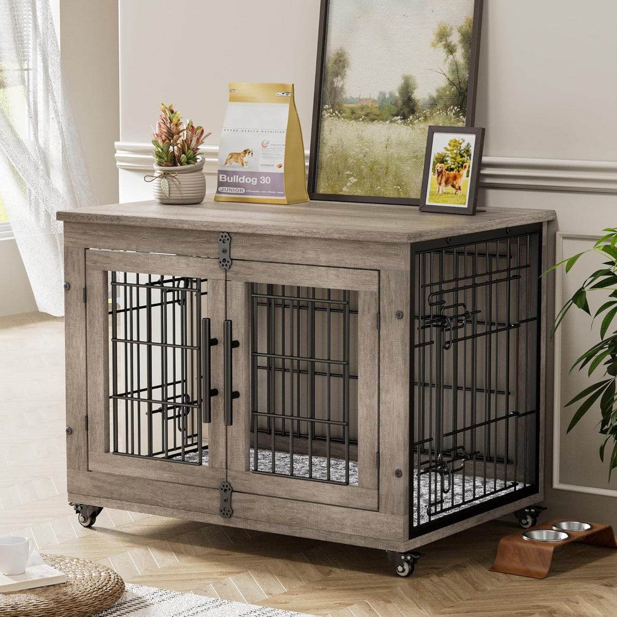 Lulive Dog Crate Furniture for Medium Dogs, 32'' Dog Kennel Indoor with Cushion & Wheels Wooden Dog