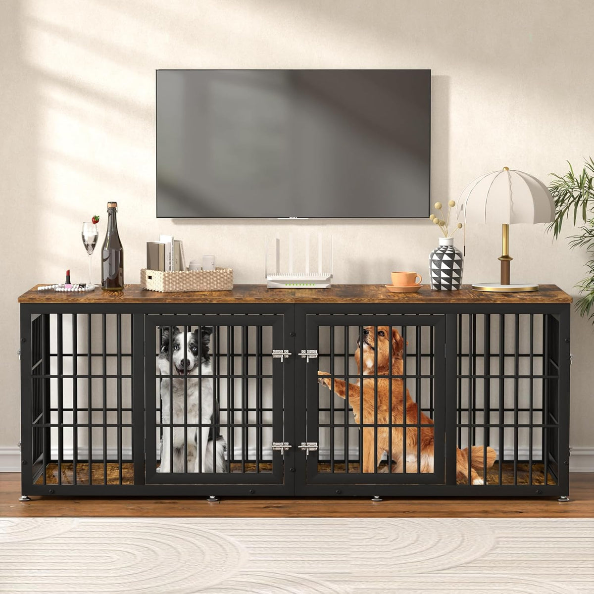 78 Inch Double Dog Crate Furniture, Heavy Duty Extra Large Cage Furniture with Divider for 2 Dogs
