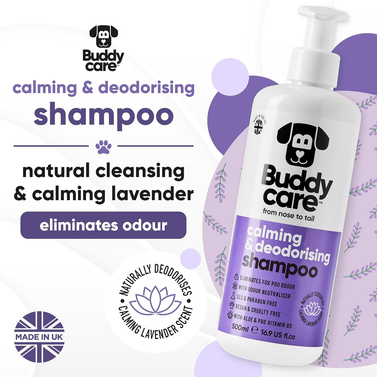Calming & Deodorising Dog Shampoo by Buddycare | Lavender Scented | with Aloe Vera and Pro Vitamin