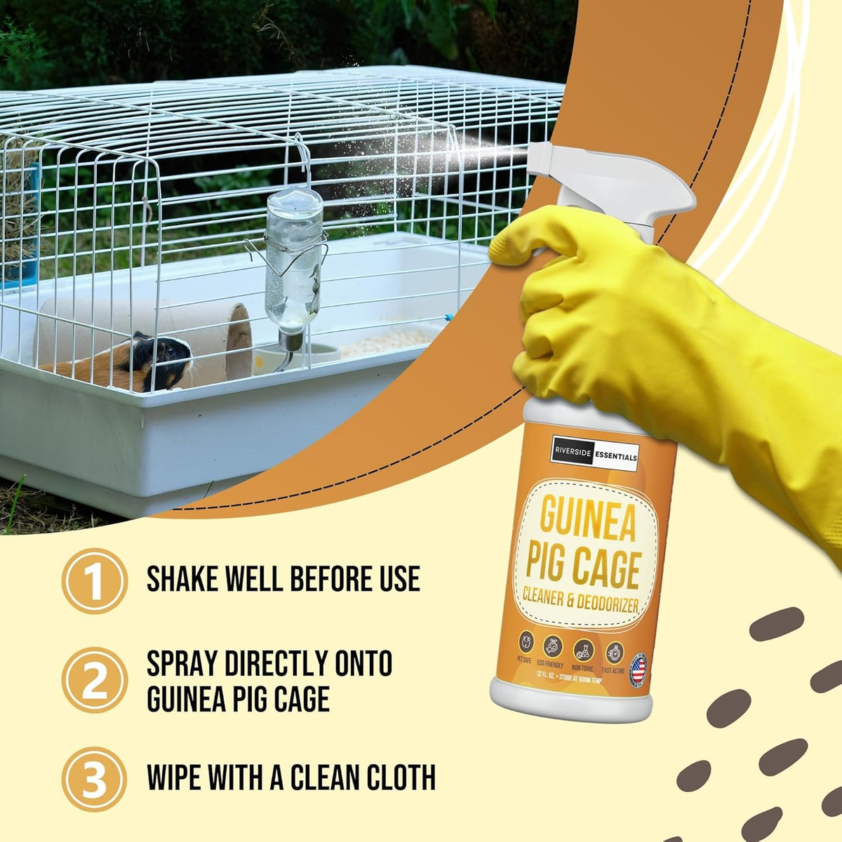32oz Guinea Pig Cage Cleaner & Deodorizer Spray - Safe & Effective Odor Eliminator for Small Animal