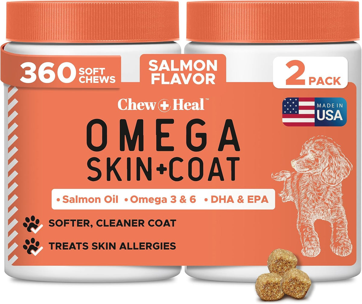 Fish Oil Omega 3 Supplements for Dogs -360 Soft Chew Treats for Skin and Coat -Salmon Oil Blend of