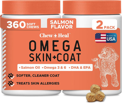 Fish Oil Omega 3 Supplements for Dogs -360 Soft Chew Treats for Skin and Coat -Salmon Oil Blend of