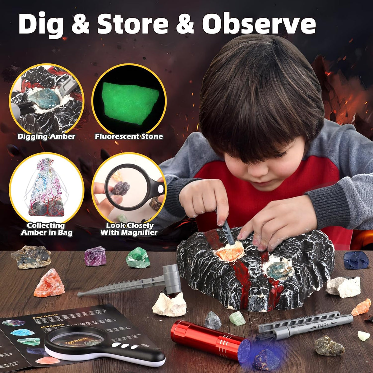 Volcano Dig Kit - 10 Rocks Excavation Kit, Gemstone Rocks for Kids, Fossil Volcano Toys Dig Kits