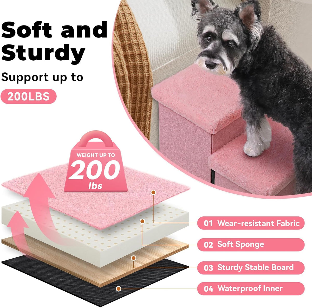 Dog Stairs with Furry Lids 18" H, 3-Step Wider Dog Steps with Storage for Small/Medium/Large Dogs