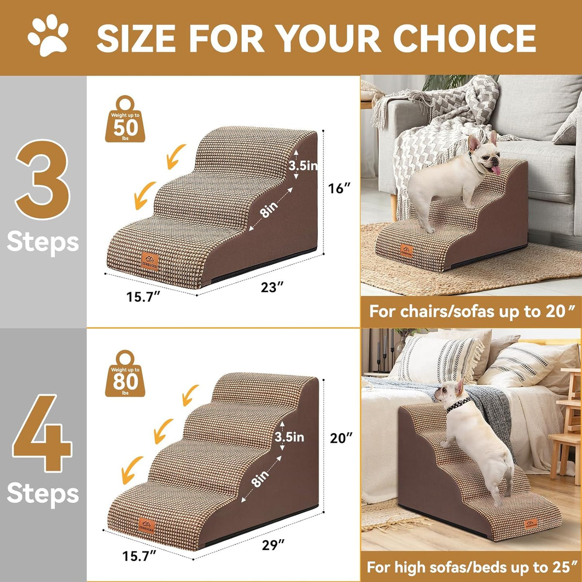 Dog Ramp and Stair for Bed 16" H-20 H,3-Step Cat Stair for Sofa and Chair,4-Step Dog Ramp for High