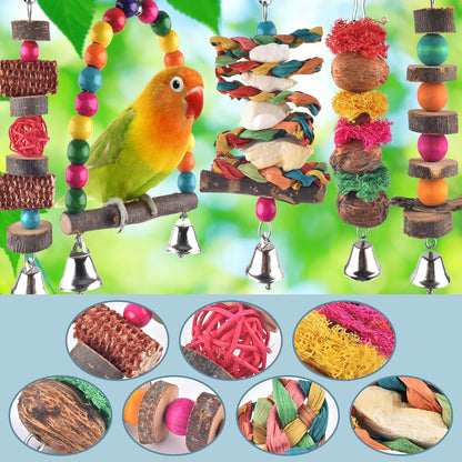 Bissap Bird Chew Toys, 7 Packs Parakeet Natural Wood Toys Parrot Hanging Cage Toy Bird Perch Stand