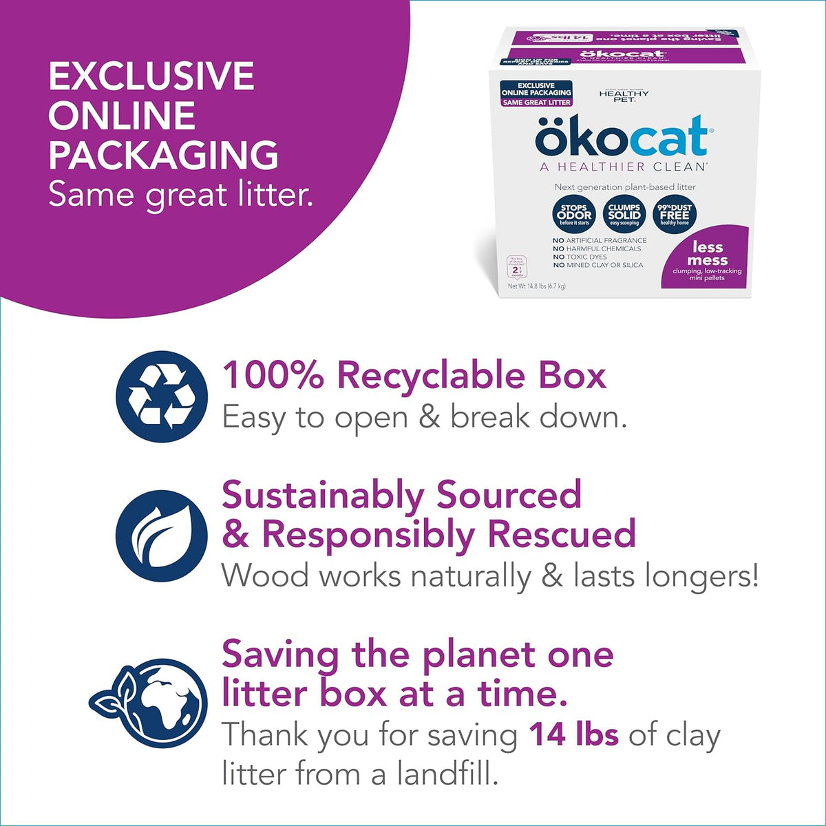 ökocat Less Mess Low Tracking Wood Clumping Cat Litter Mini- Pellets, Unscented, 14.8 pounds
