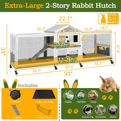 Double Rabbit Hutch Outdoor Indoor Large Bunny Cage with Dual Side Runs, 2-Story Wooden Hutch with