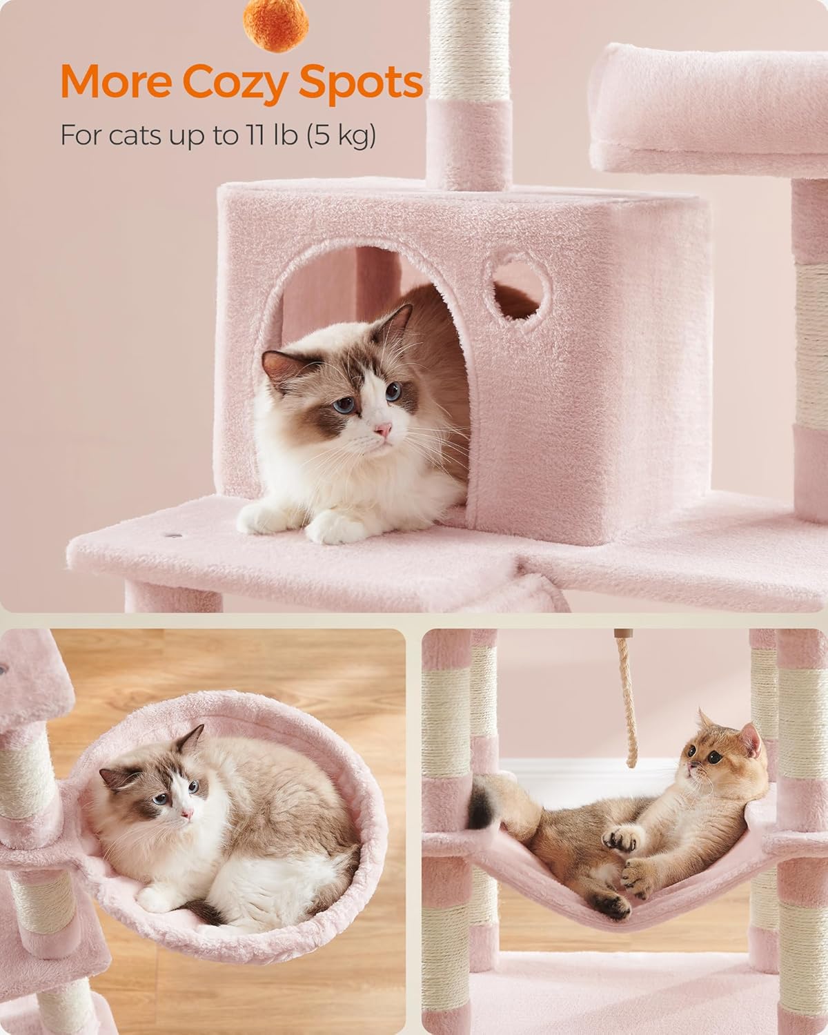 Feandrea Cat Tree, 66.1-Inch Large Cat Tower with 13 Scratching Posts, 2 Perches, 2 Caves, Basket