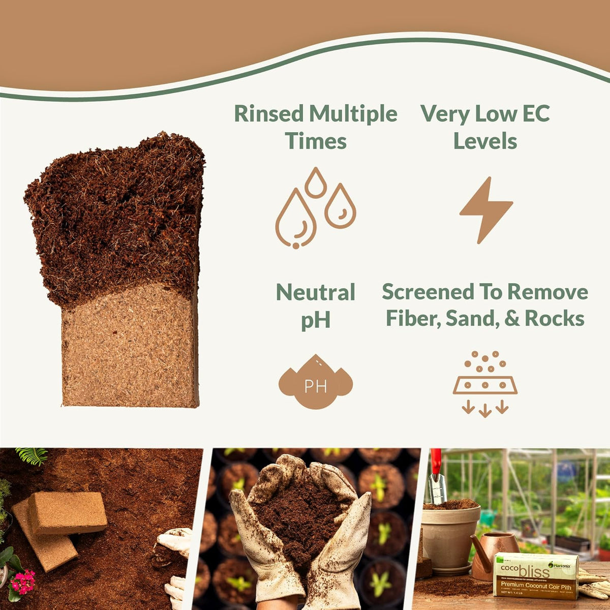 Coco Coir Brick (650gms) + Worm Bliss (1 Qt) + Char Bliss (1 Qt) - Organic Coco Coir for Plants