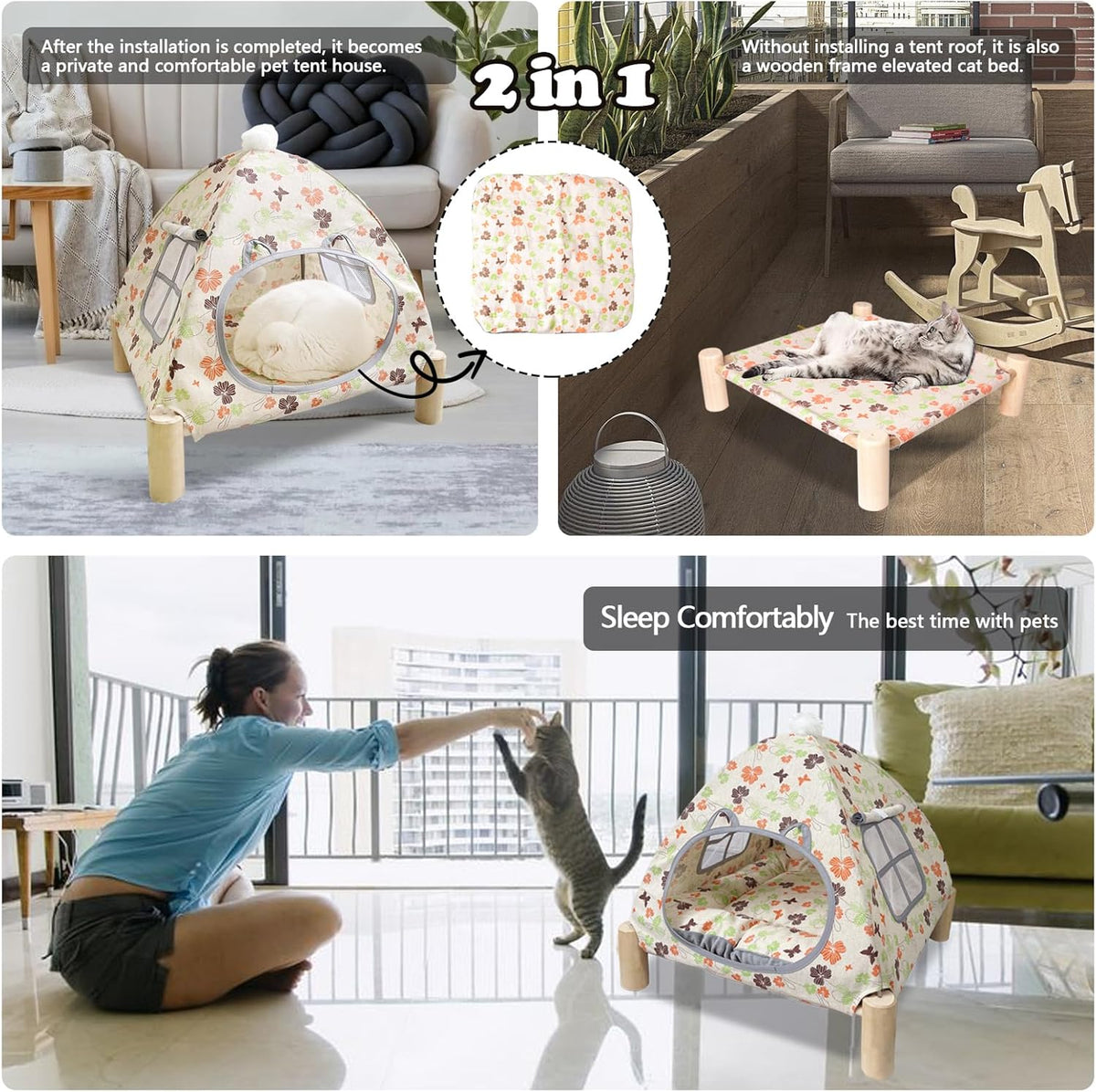 2-in-1 Elevated Cat Tent Cat House, Quick Assembly and Disassembly, Portable Indoor/Outdoor Cute