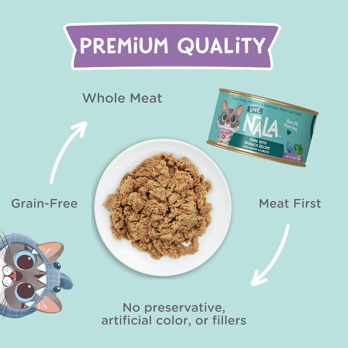 LOVE, NALA - Natural Adult Cat Wet Food - Pate Tuna with Spinach Recipe- Grain Free, Non-GMO, Lean