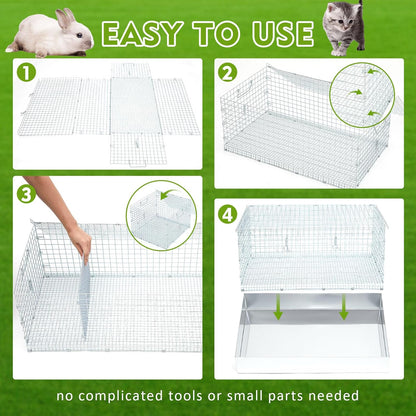 Folding Rabbit Cage, 28 x 16 x 12 in Portable Bunny Carrier with Tray and Handles for Transport