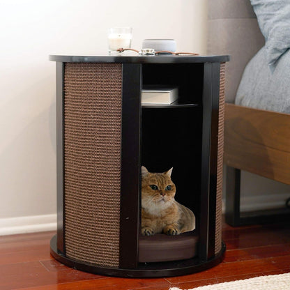 THE REFINED FELINE Purrrrfect End Table Cat Bed Cave in Black Espresso, Multipurpose Wood Cat