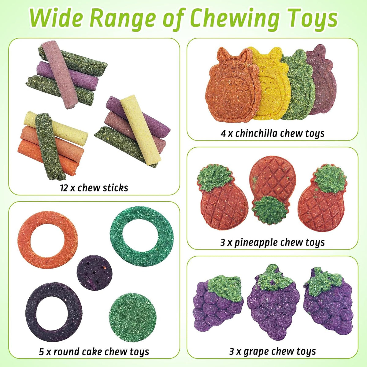 Fhiny 27 PCS Natural Bunny Chew Toys Molar Rabbit Toys Contain Timothy Grass Pumpkin Beets Purple