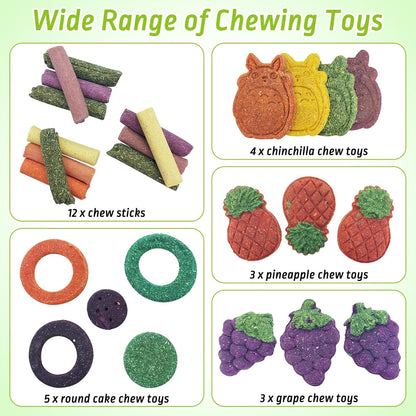 Fhiny 27 PCS Natural Bunny Chew Toys Molar Rabbit Toys Contain Timothy Grass Pumpkin Beets Purple