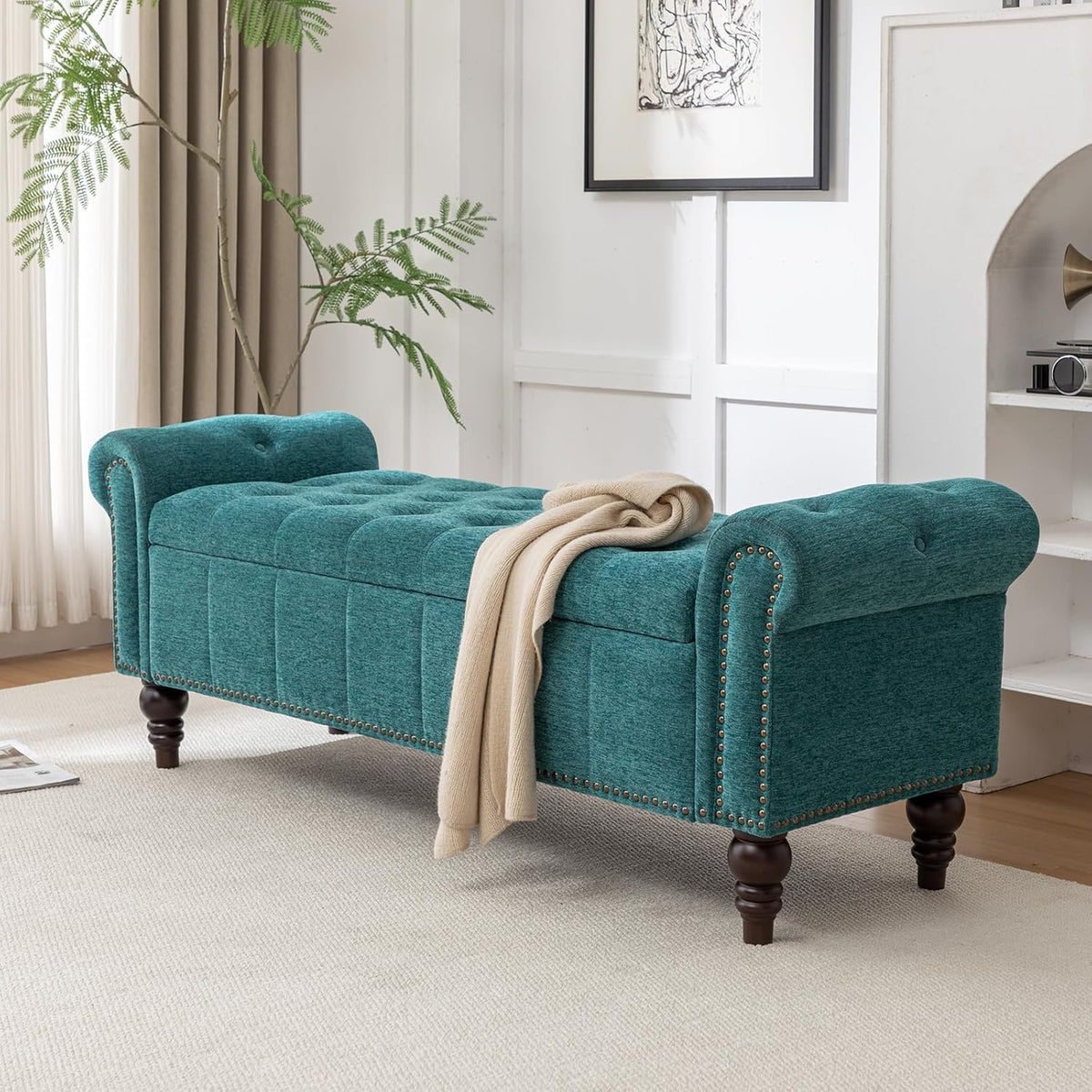 58’’ Storage Bench for Bedroom, Upholstered Button-Tufted Ottoman with Solid Wood Legs, Queen Size