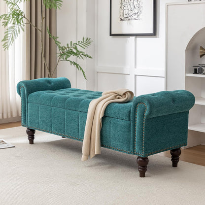 58’’ Storage Bench for Bedroom, Upholstered Button-Tufted Ottoman with Solid Wood Legs, Queen Size