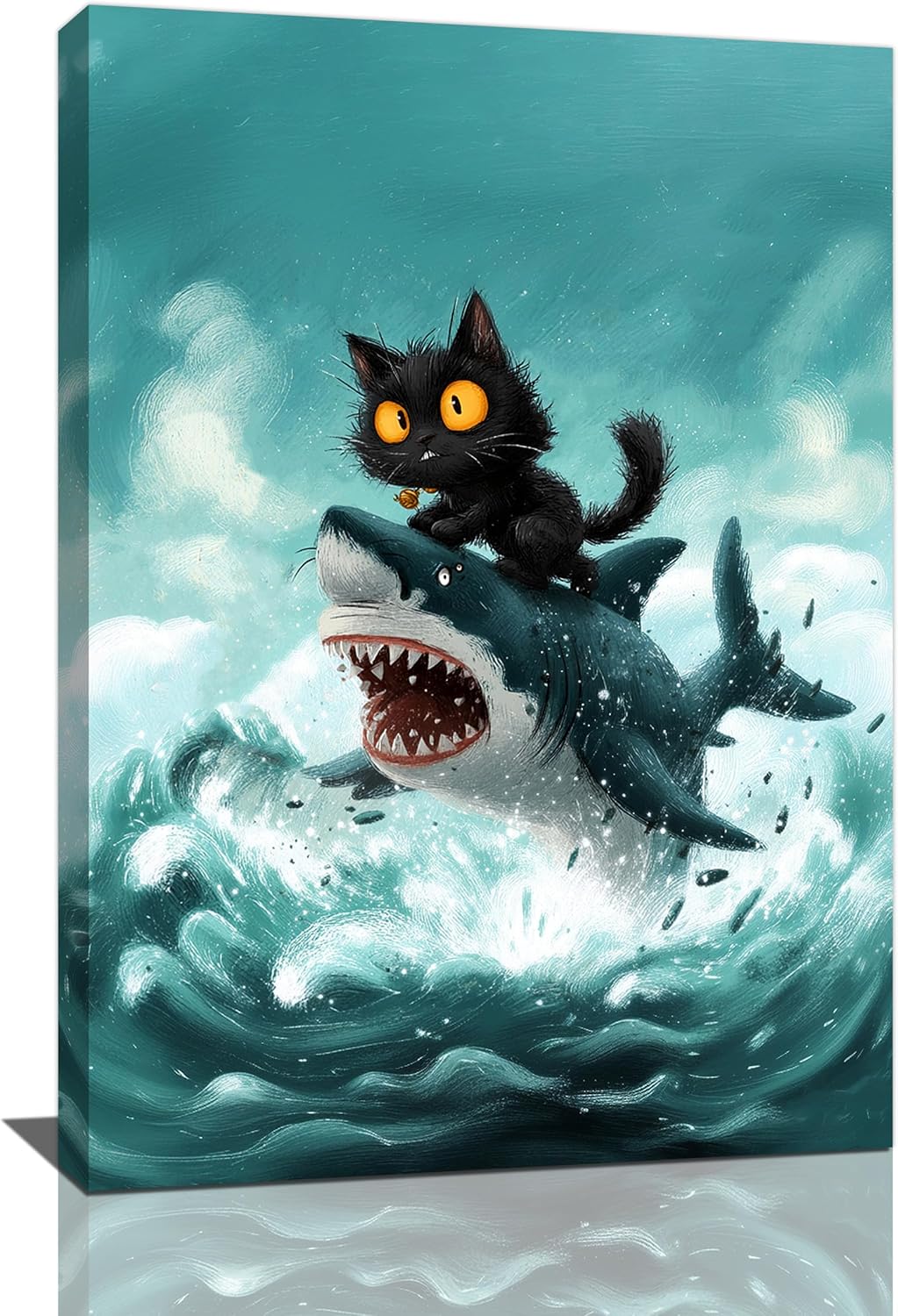 Funny Black Cat Bathroom Wall Art Cute Cat Riding Shark Canvas Wall Decor Animal Kitten Pictures