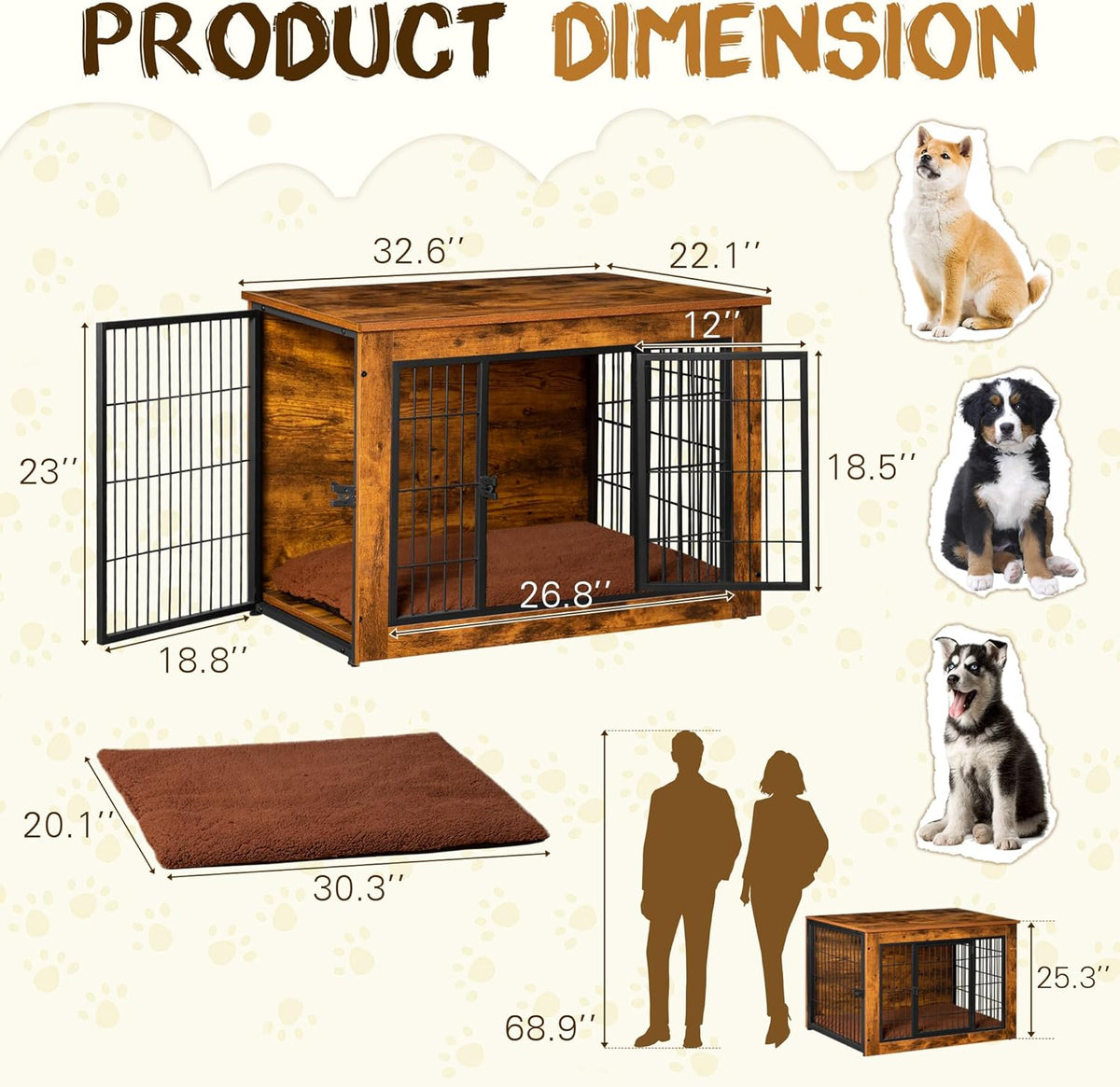 Bigrab Dog Crate Furniture with Thick Cushion, Side End Table Wooden Dog Cage with Double Doors