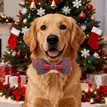 Unique Style Paws Christmas Dog Collar with Bow Red Green Plaid Cotton Puppy Collars for Small