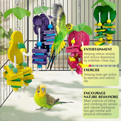 Hamiledyi Natural Wood Block Bird Cage Toys Parrot Chewing Toy Apple&Grape&Pear&Strawberry Shaped