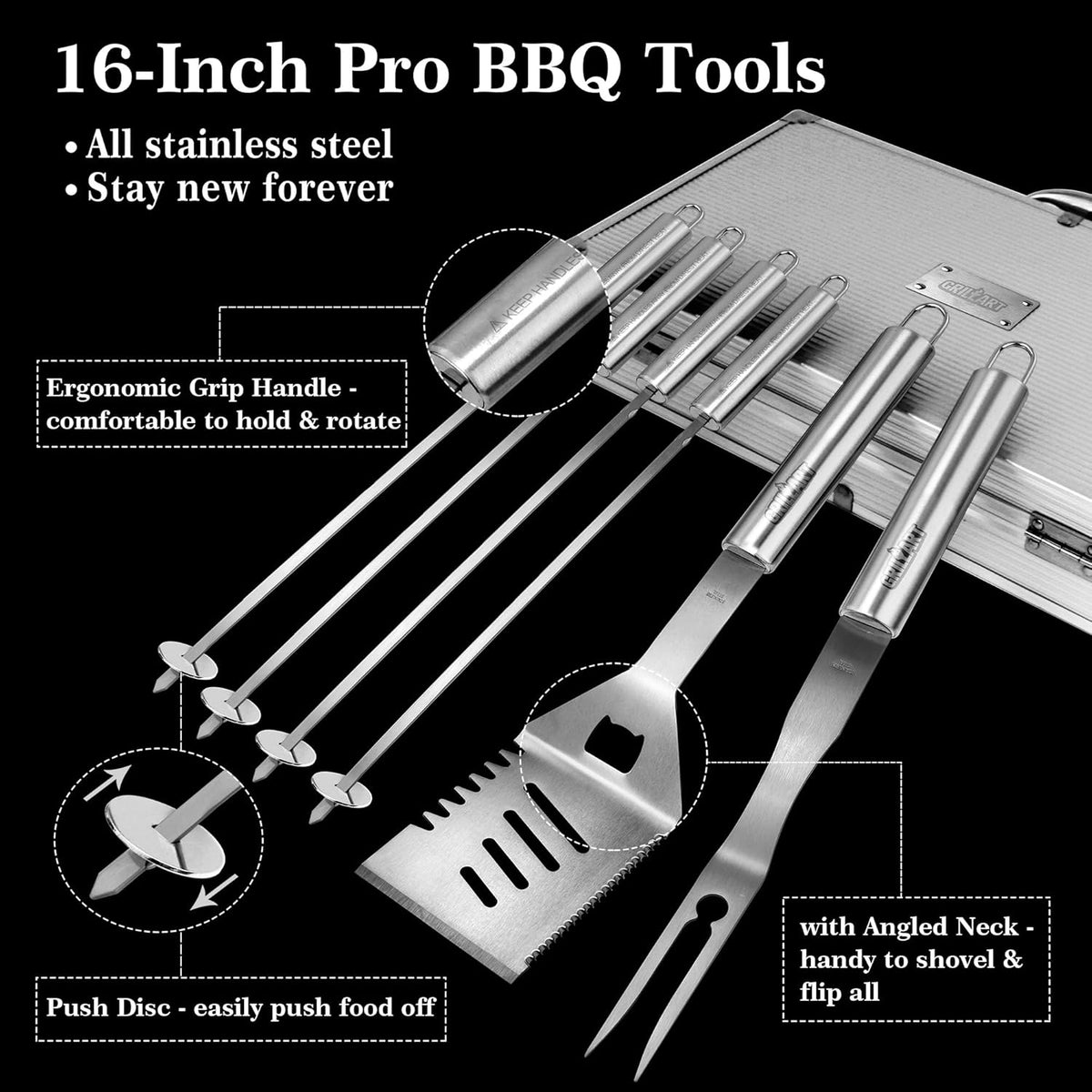 GRILLART BBQ Grill Utensil Tools Set Reinforced BBQ Tongs 19-Piece Stainless-Steel Barbecue