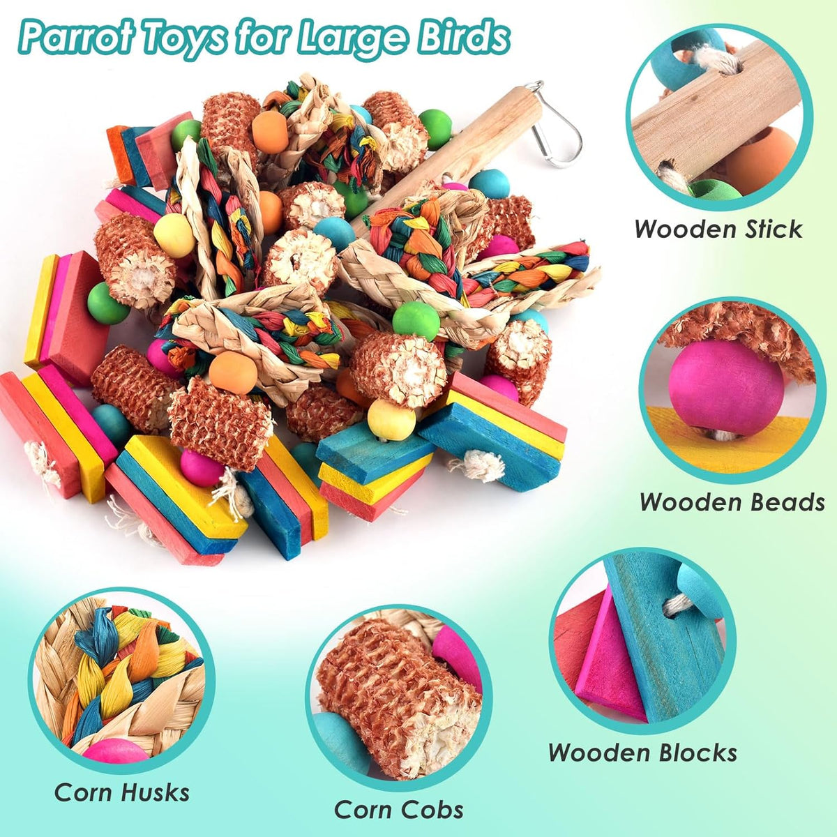 2 Pcs Large Bird Toys, Natural Corn Cob Parrot Chew Toy, Multicolored Leaf-Shaped Chewing Wood