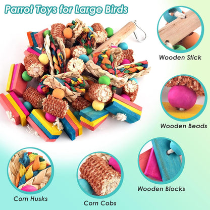 2 Pcs Large Bird Toys, Natural Corn Cob Parrot Chew Toy, Multicolored Leaf-Shaped Chewing Wood