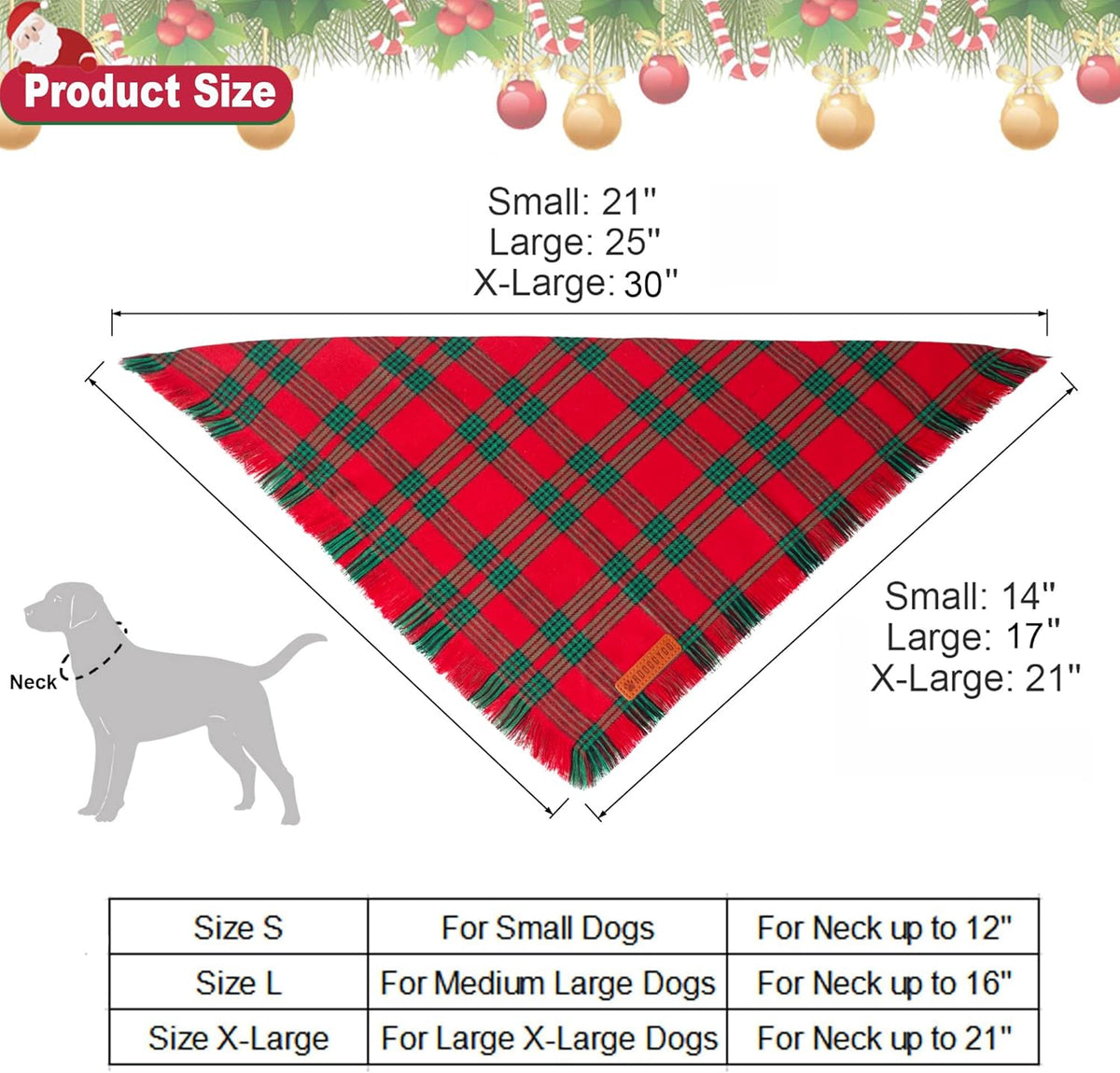 ADOGGYGO Christmas Dog Bandanas with Tassels, Red Green Plaid Pet Xmas Scarf Bib, Multiple Sizes