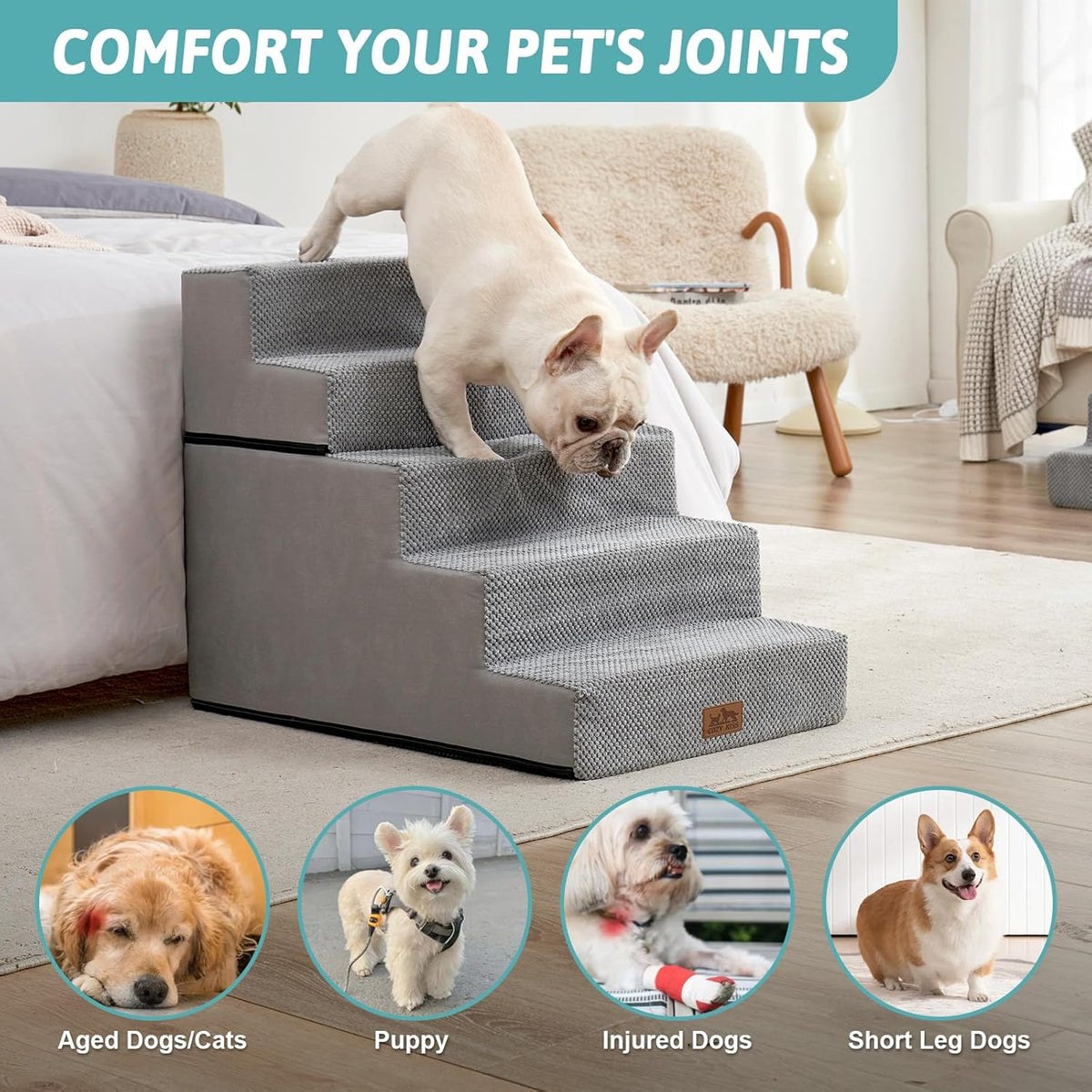 Dog Stairs for Small Dogs, 5 Tier Removable Wider Pet Stairs for Couch and Bed, 23.6" H Non-Slip