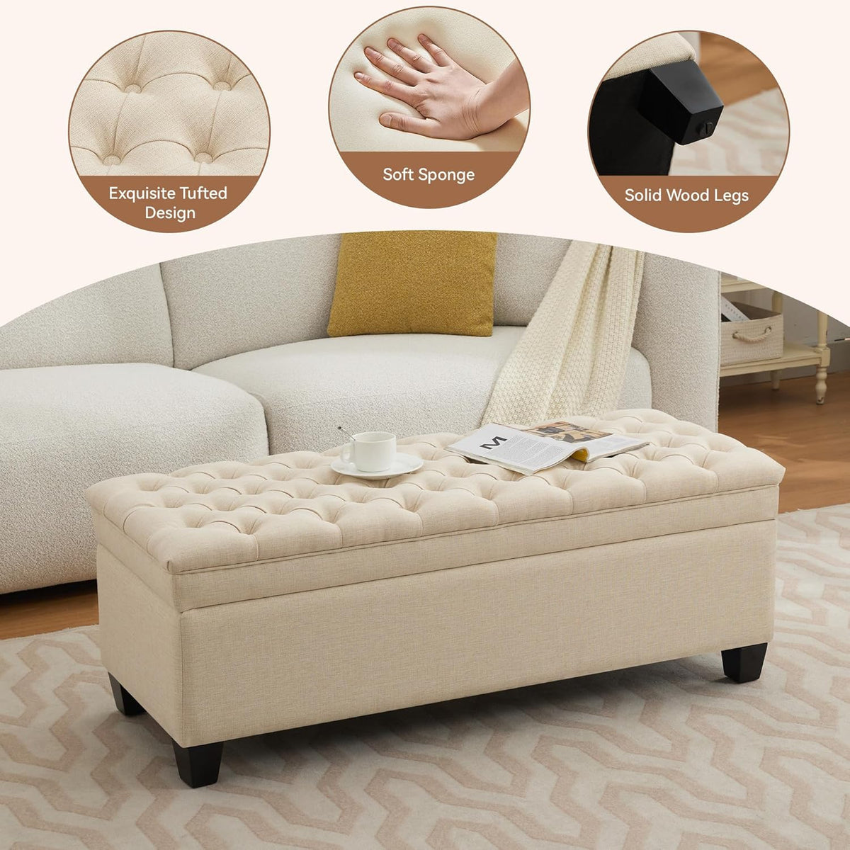 51" Fabric Storage Ottoman Bench, Upholstered Rectangle End of Bed Storage Ottoman Tufted Living