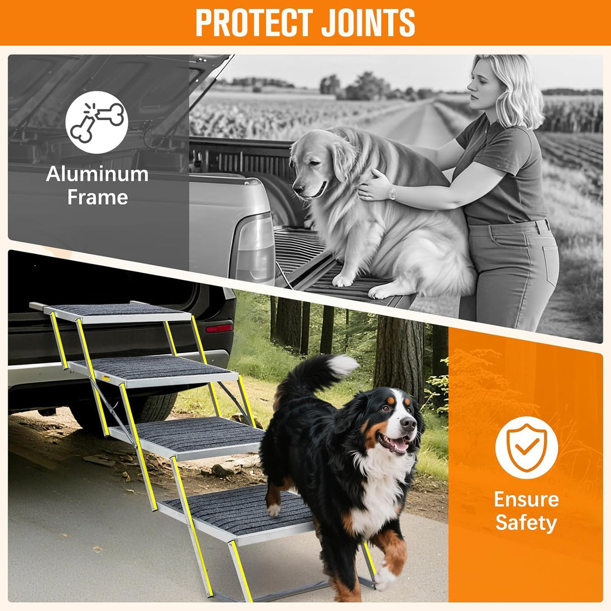 Reflective 20" Wide Dog Car Ramp, 4-Step Aluminum Stairs with Non-Slip Carpet - Foldable Design for