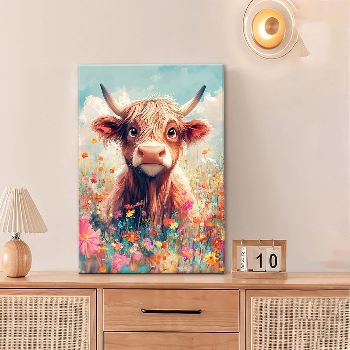 Highland Cow Wall Art Canvas Flower Cattle Wall Decor Prints Framed Painting Animal Pictures Gifts