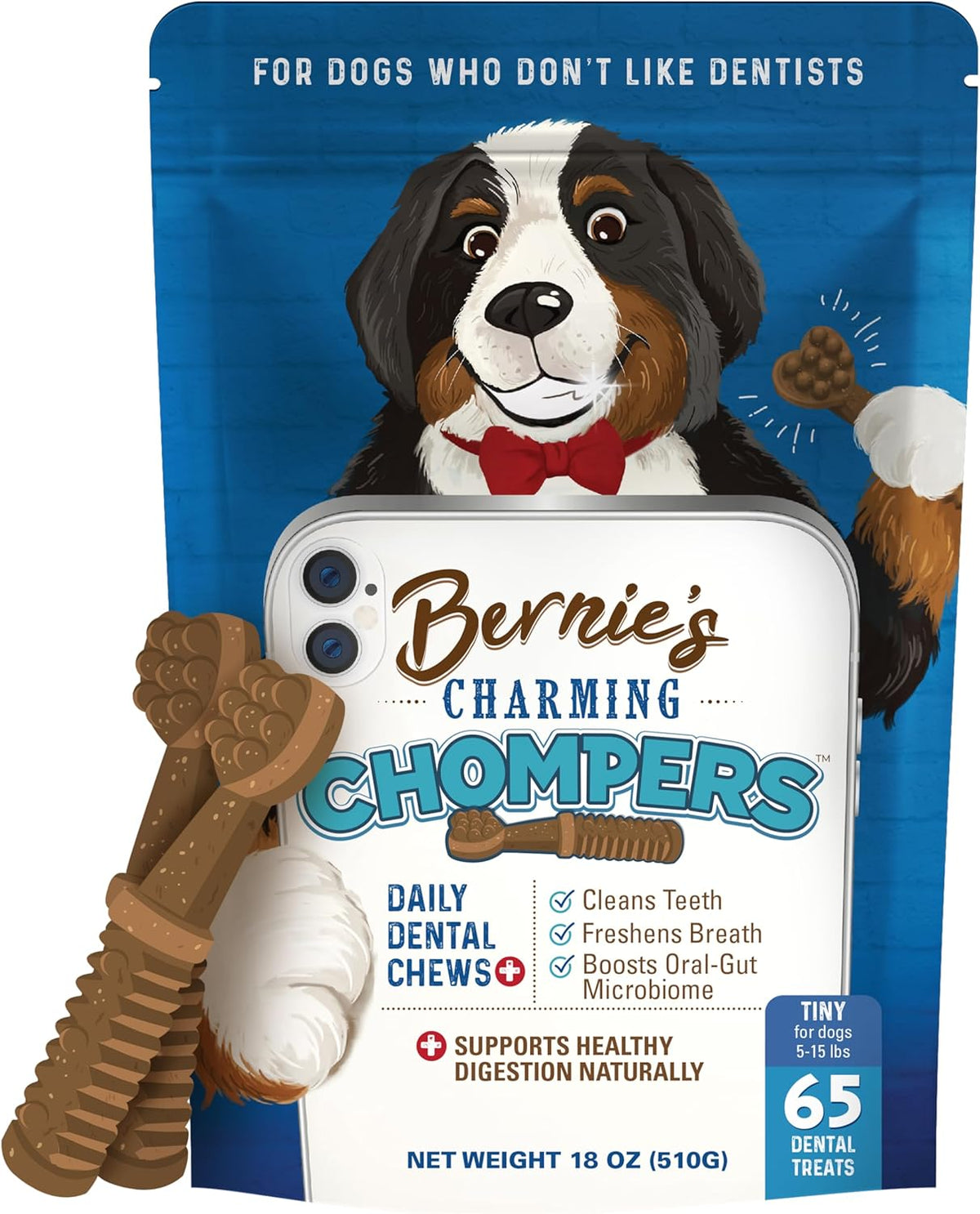 Bernie's Charming Chompers - Daily Dental Chews for Dogs 5-15 Lbs. - 65 Count - Cleans Teeth