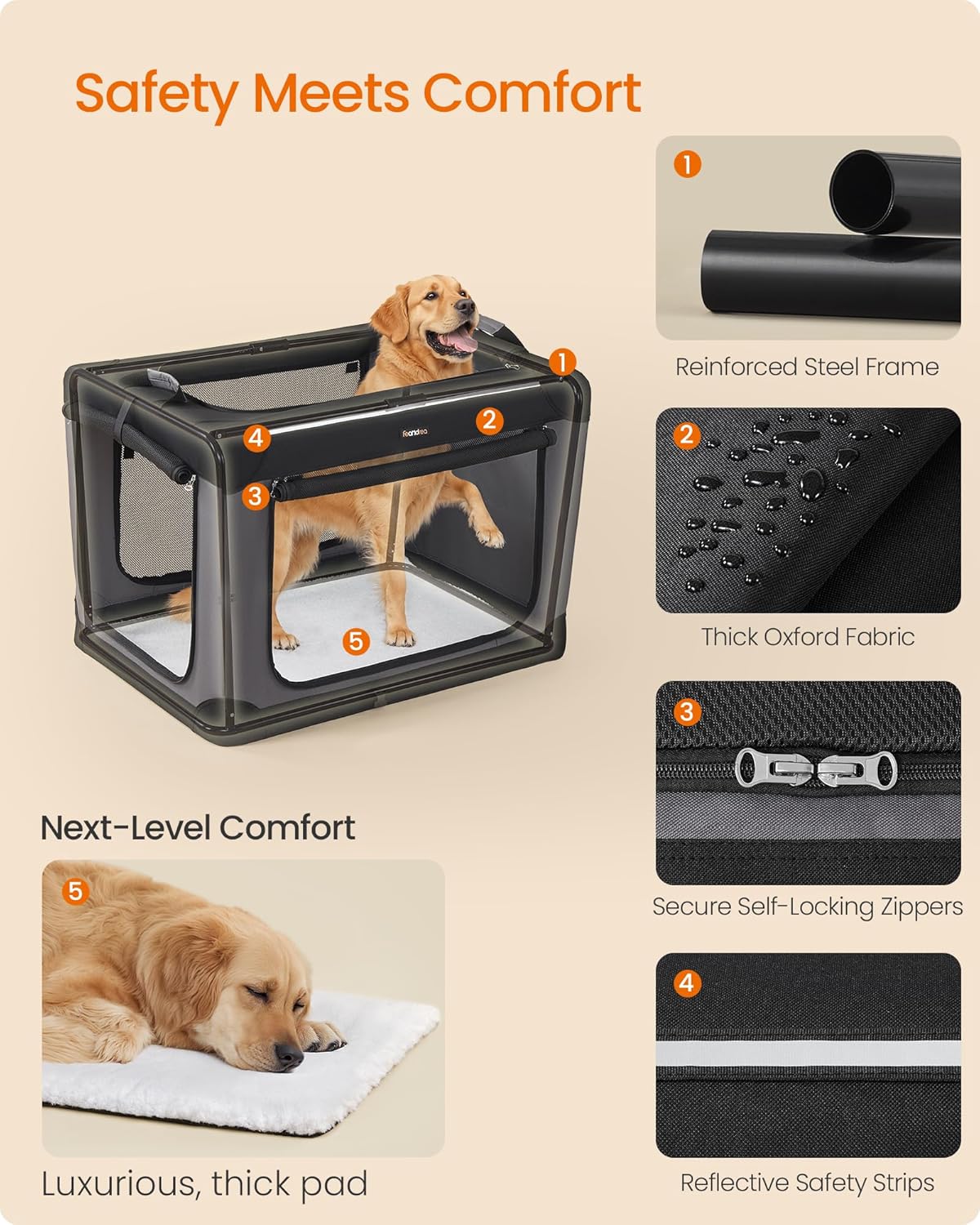 Feandrea Collapsible Dog Crate, 36-Inch Portable Dog Travel Crate for Large Dogs, Oxford Fabric Pet
