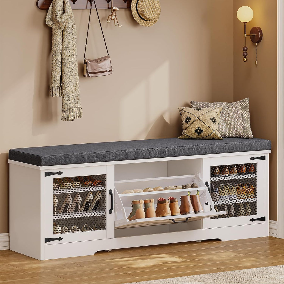 Farmhouse Storage Bench with Flip Drawers & Padded Seat Cushion, Half Hidden Shoe Rack Organizer
