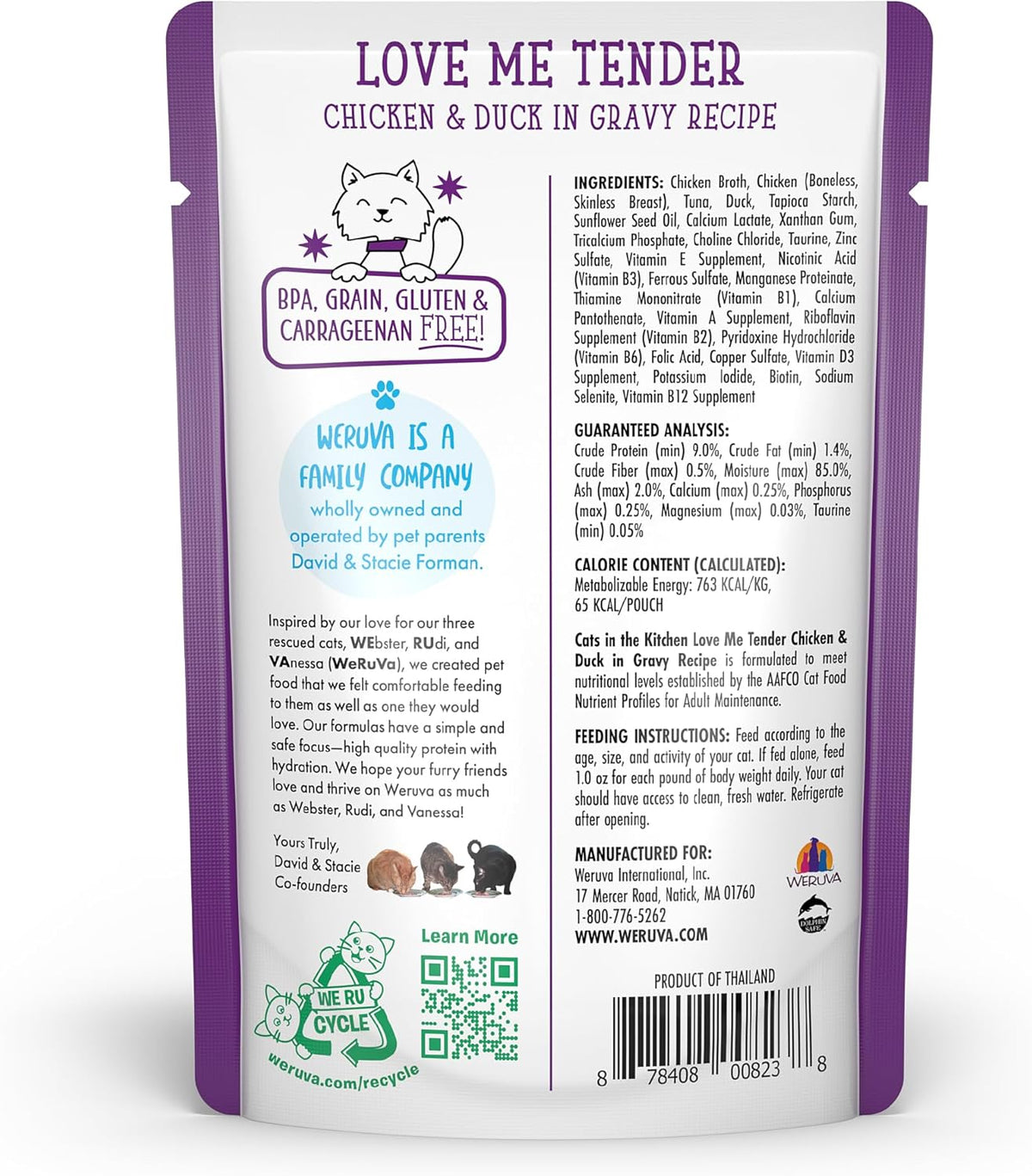 Weruva Cats in The Kitchen, Love Me Tender with Chicken & Duck in Gravy Cat Food, 3oz Pouch (Pack