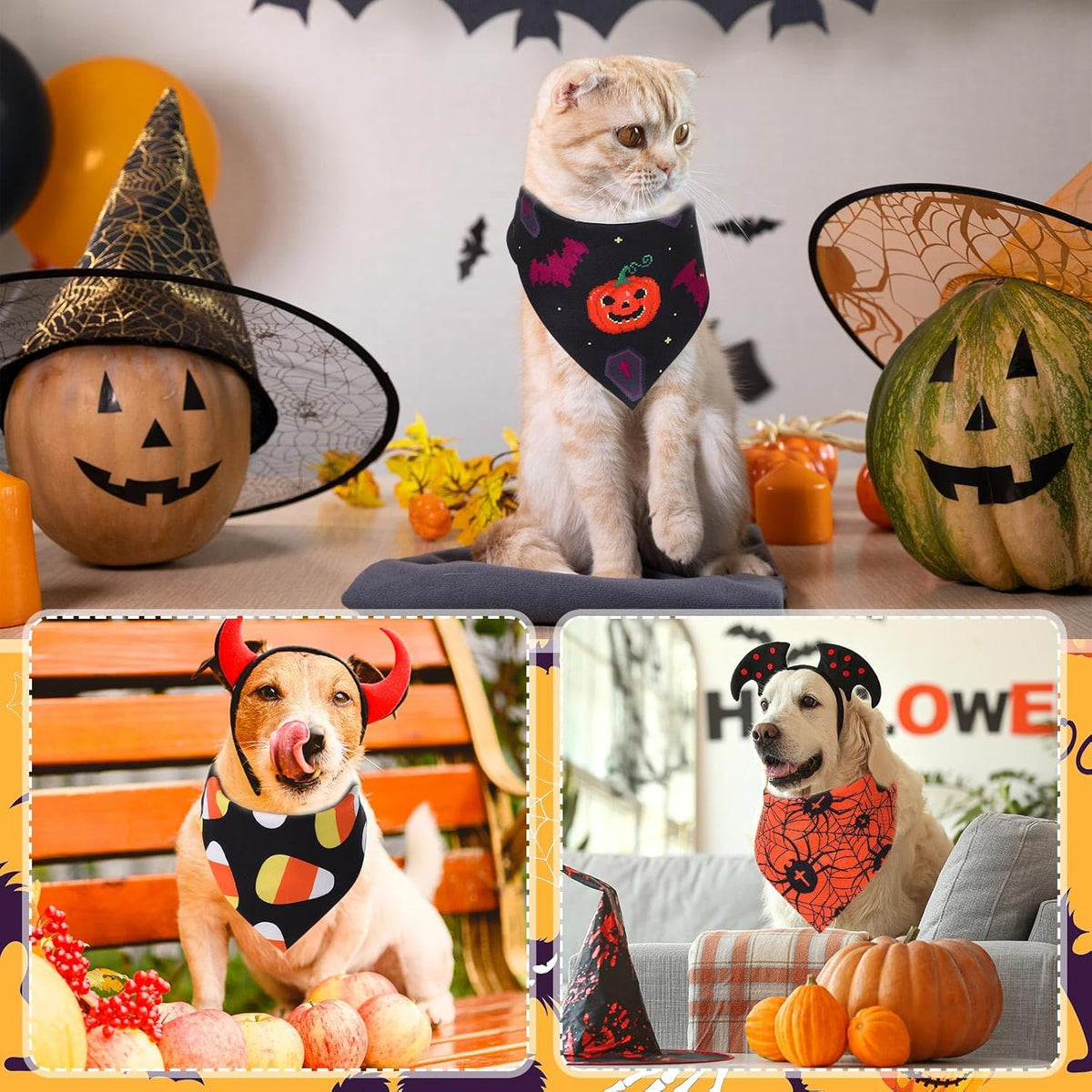 Abbylike 200 Pcs Halloween Dog Bandanas Bulk Pumpkin Bandanas for Dogs Pets Triangle Kerchief Bibs