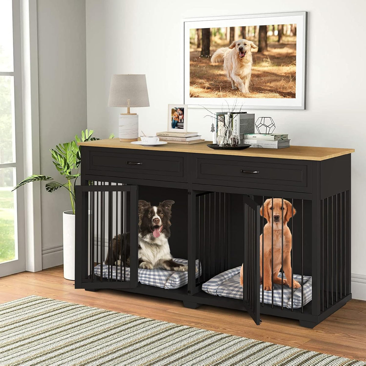 Large Dog Crate with Double Rooms, 72" Heavy Duty Wooden Dog Cage Furniutre Dog Crate Kennel