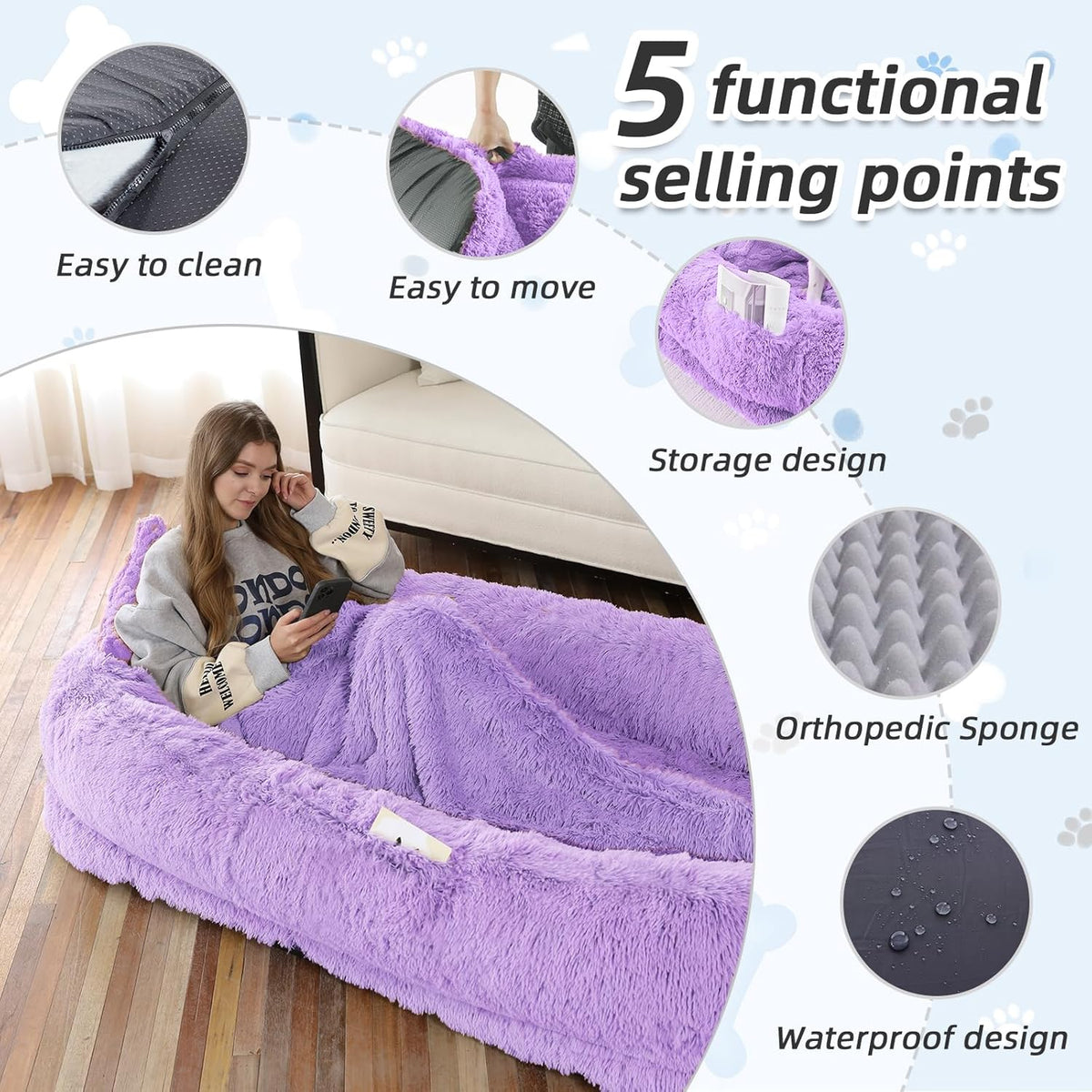 Human Dog Bed, 71''x45''x12'' Size Fits You and Pets, Washable Faux Fur Pet Bed for People Doze