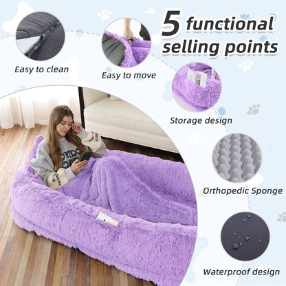 Human Dog Bed, 71''x45''x12'' Size Fits You and Pets, Washable Faux Fur Pet Bed for People Doze