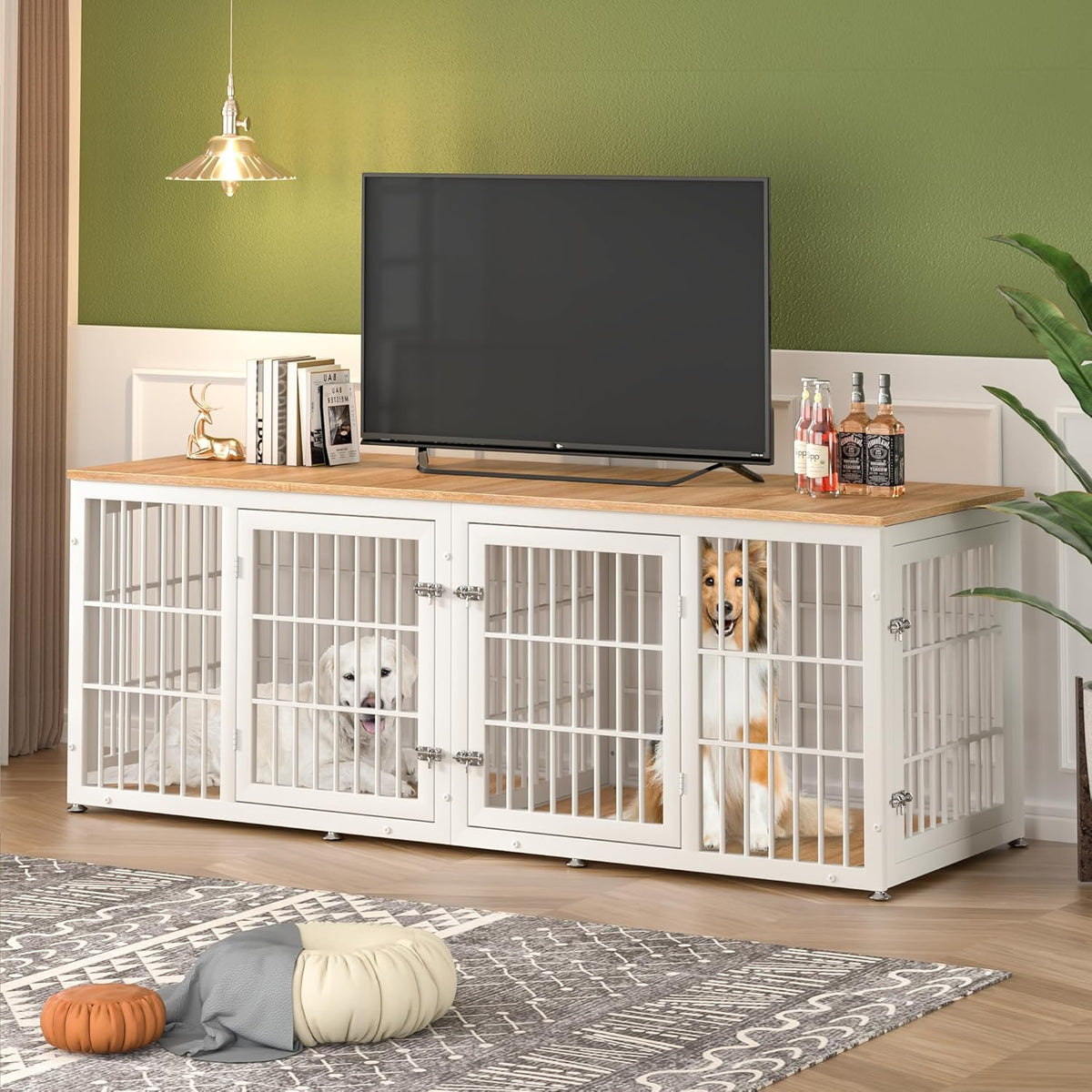 78 Inch Double Dog Crate Furniture, Heavy Duty Extra Large Cage Furniture with Divider for 2 Dogs