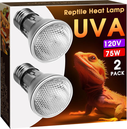 Reptile Heat Bulb 2 Pack, 75W UVA Reptile Light Bulbs, Dimmable Heat Lamp Bulbs Basking Spot Light