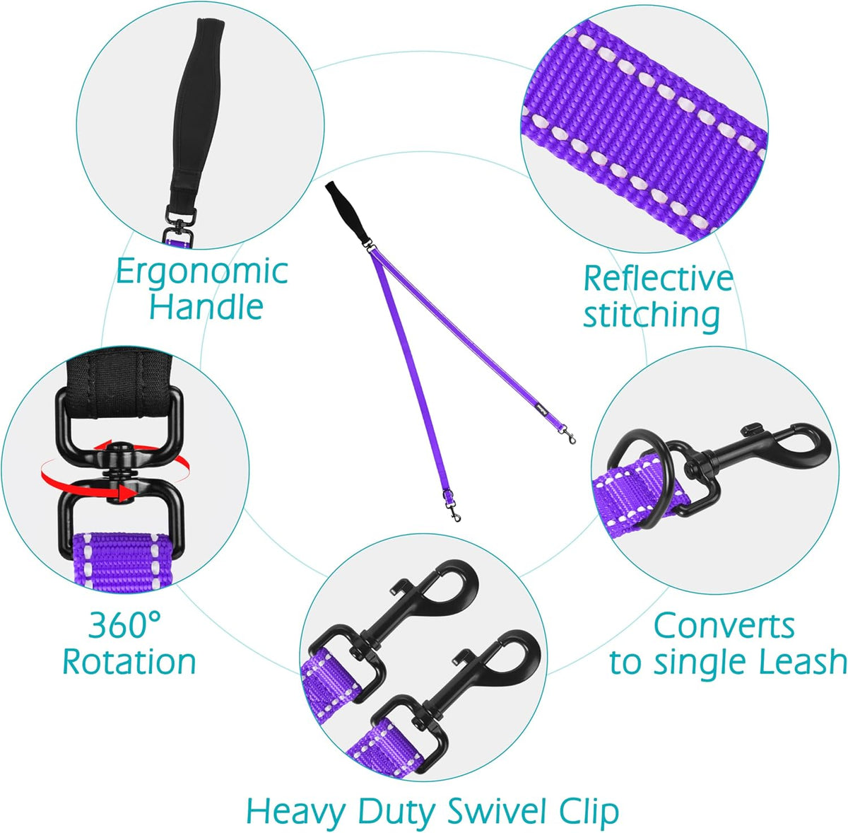 PetBonus Two Point Control Dog Leash, Works with No Pull Harnesses, No Tangle Dog Training Leashes