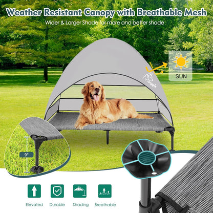 Upgraded Elevated Dog Bed with Canopy, Portable Raised Outdoor Dog Bed with Stable Anti-Slip Feet
