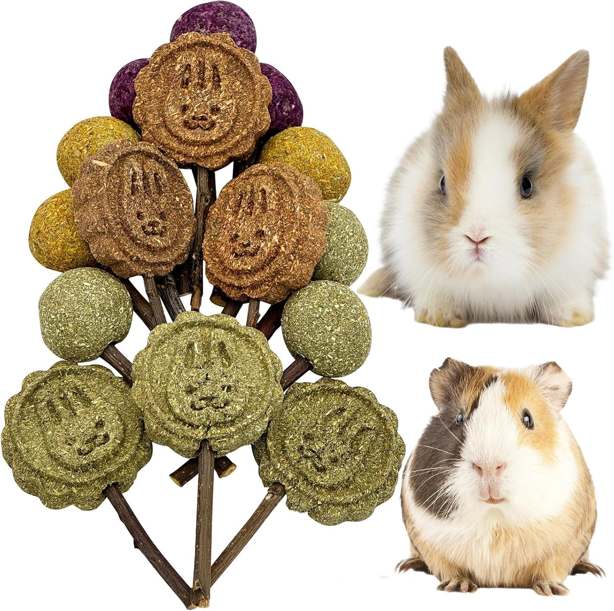 Fhiny Rabbit Chew Toys, 15 PCS Natural Bunny Lollipop Chew Sticks Handmade Guinea Pig Molar Treats