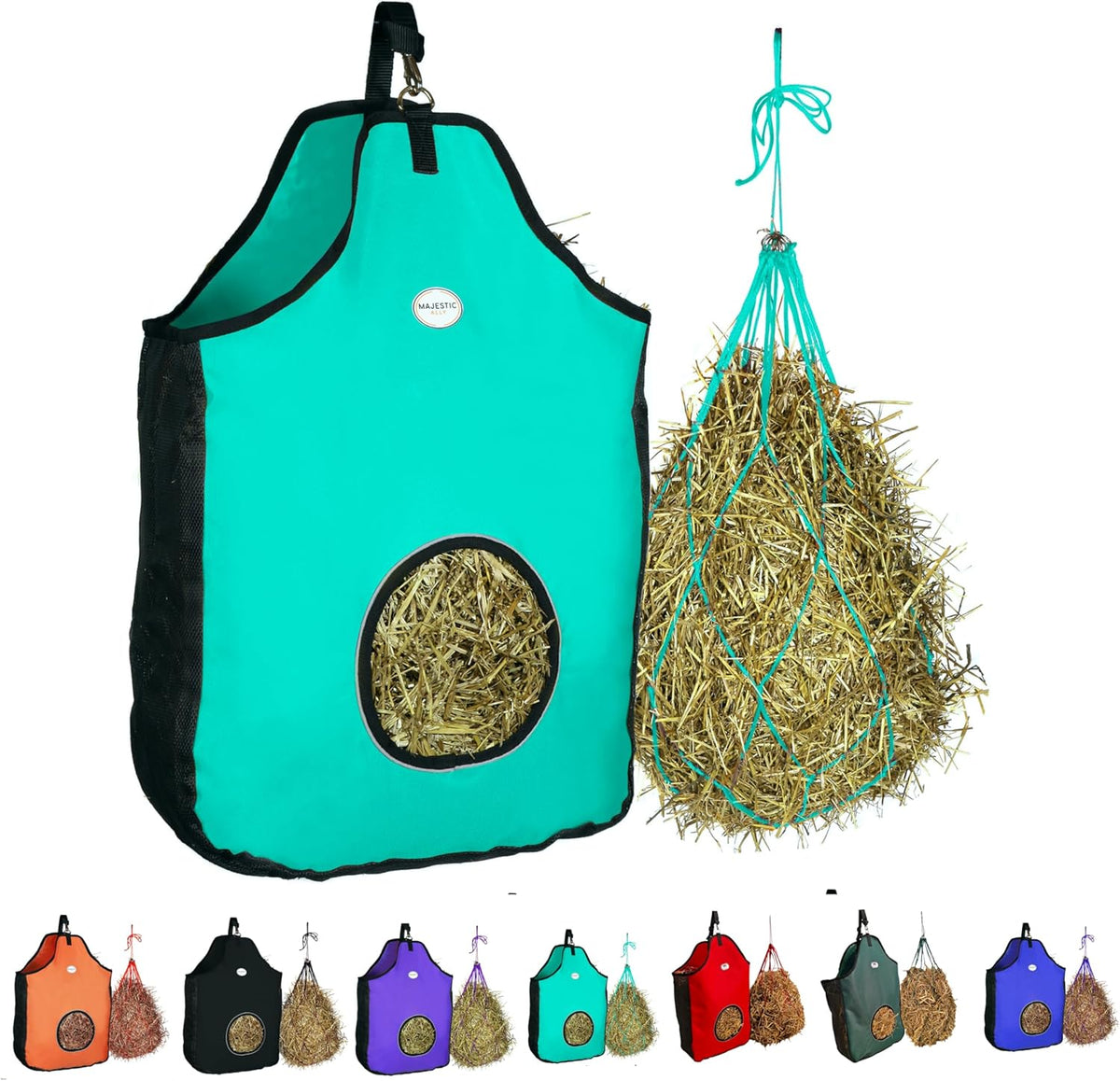 Majestic Ally 1200 D Hay Feeder Tote Bag for Horses, Sheep with Reflective Trim- Reduces Waste