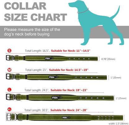 Fida Heavy Duty Dog Collar, Ultra Comfortable Soft Neoprene Padded, Adjustable Reflective Nylon Pet